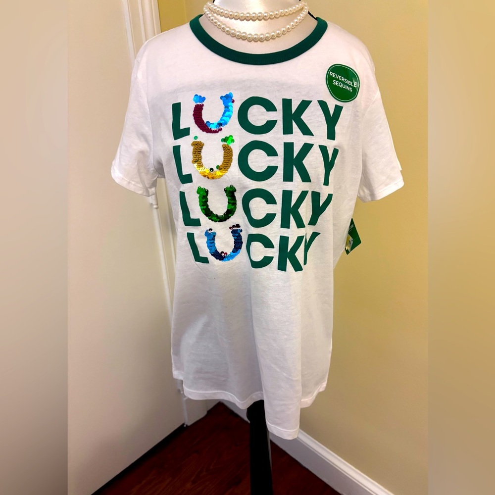 CELEBRATE Brand St. Patrick’s Day White T-Shirt with Sequins